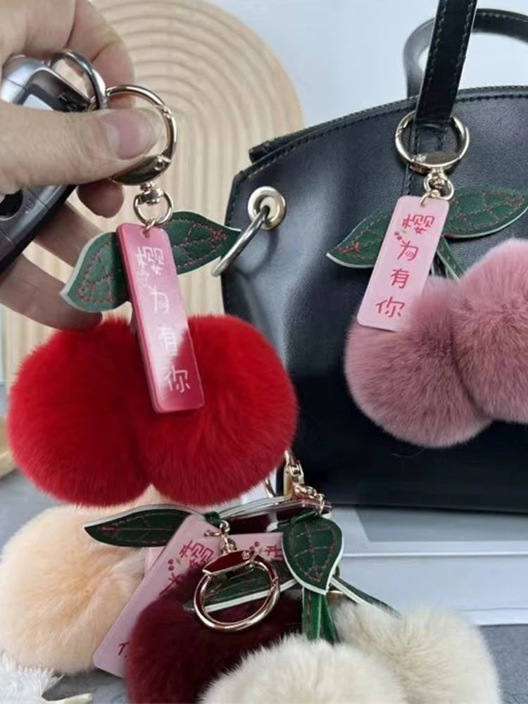 Cute Fluffy Cherry Fur Ball Keychain Bag Pendant Charm