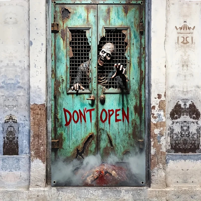 2D door banner, 1 piece, 2D/ flat horror skeleton zombie "Do not Open the Door" hanging door curtain, party decoration