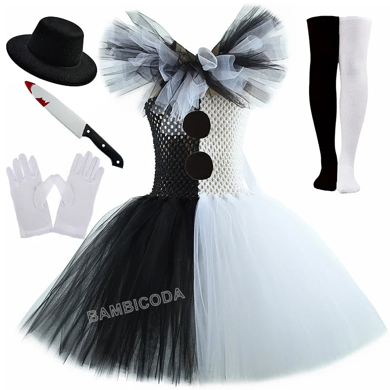 Girls Horror Clown Costume – Black & White Tutu Dress