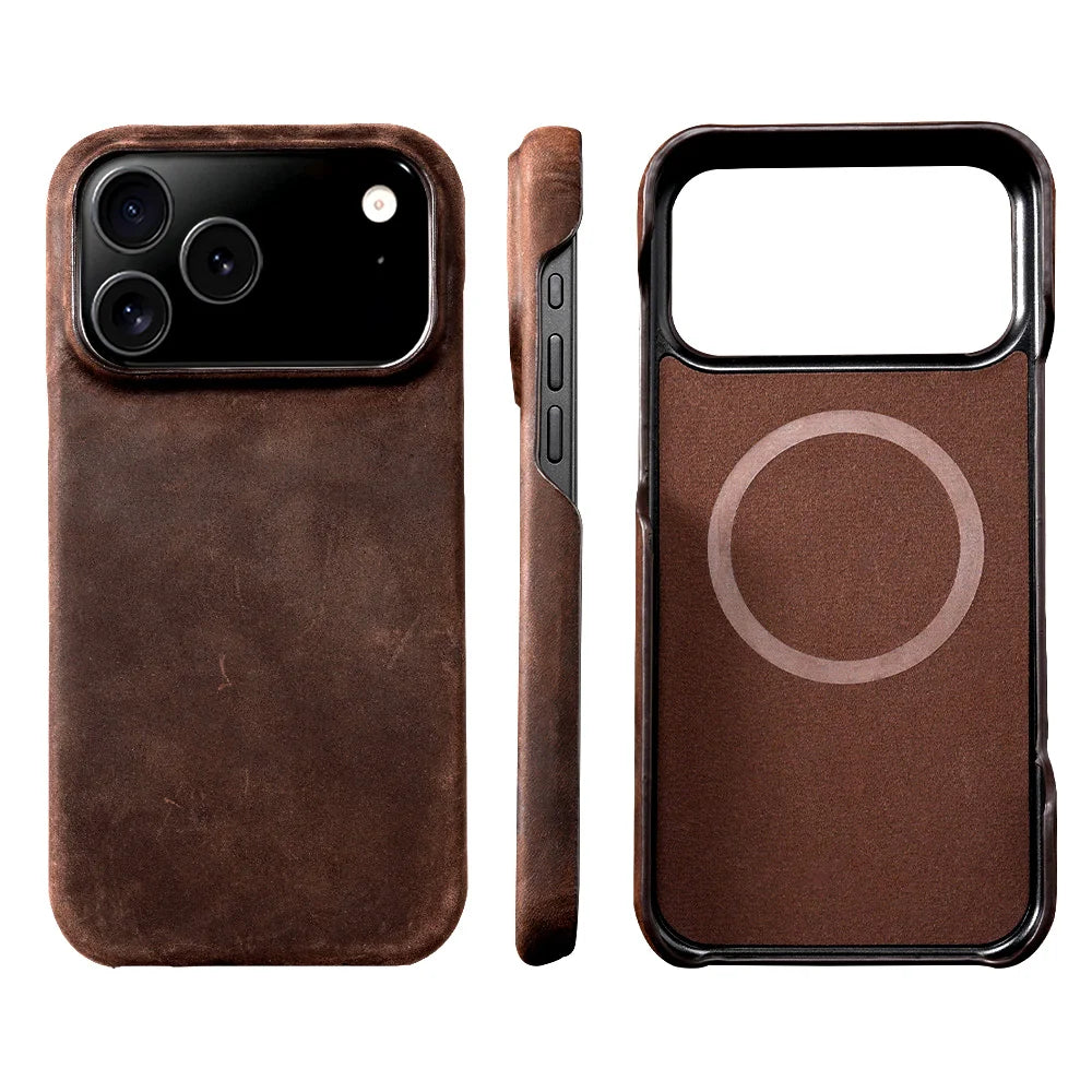 for Magsafe Case for iPhone 17 15 16 18 Pro Max Air 18Pro 17Pro Retro Luxury Genuine PULL-UP Leather Magnetic Phone Back Cover