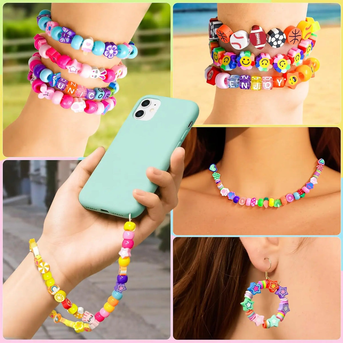 1200 Pcs Polymer Clay Beads Bracelet Making Kit, Animal Fruit Flower Butterfly Bunny Pony Letter Beads Charms for Jewelry making