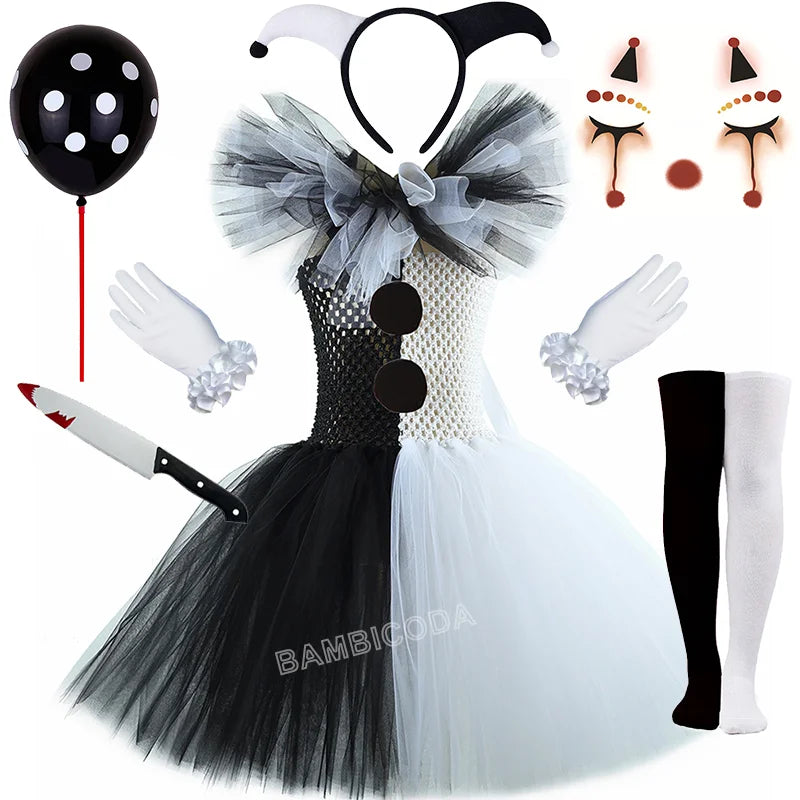 Girls Horror Clown Costume – Black & White Tutu Dress