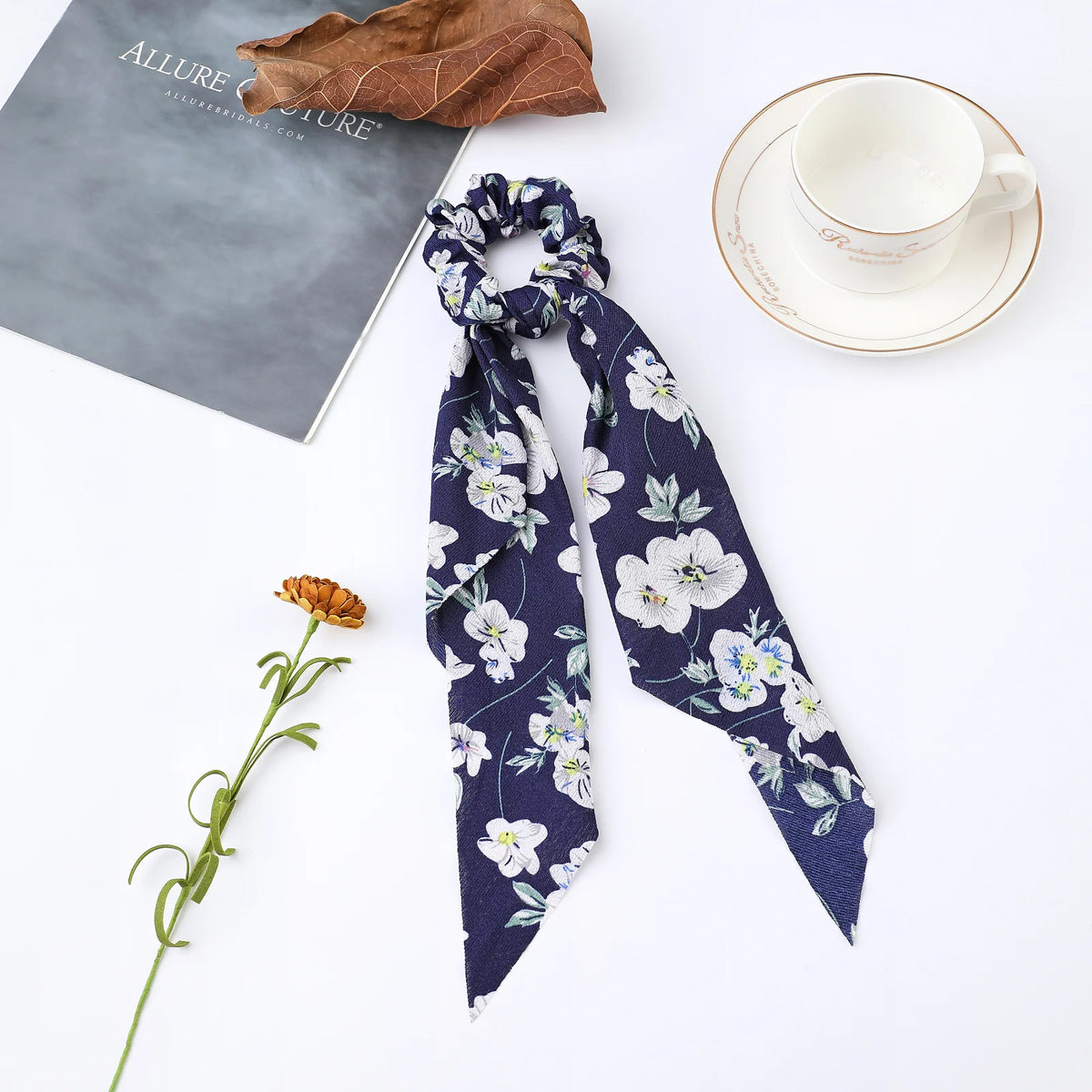 Floral Satin Bow Scrunchie with Long Ribbon Scarf