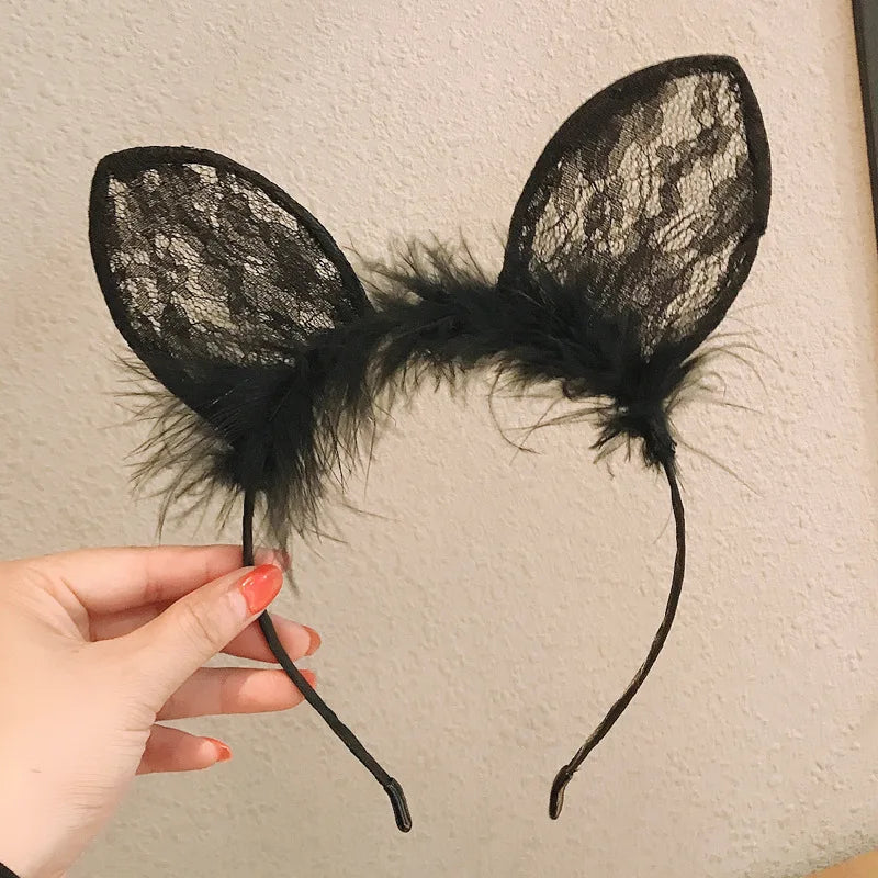 Plush Lace Cat Ears Bell Headband for Women