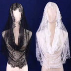 Women's Bridal Muslim Wedding Embroidered Headveil Floral Lace Mantila Catholic Veil Black Church Veil Ivory White Mesh Shawl