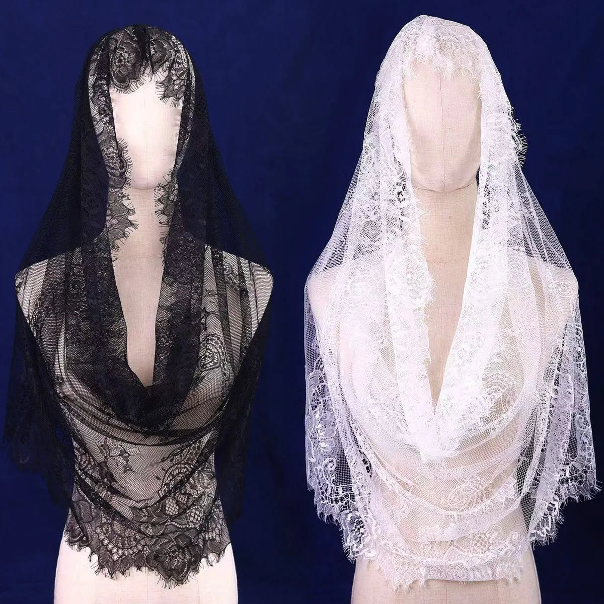 Women's Bridal Muslim Wedding Embroidered Headveil Floral Lace Mantila Catholic Veil Black Church Veil Ivory White Mesh Shawl