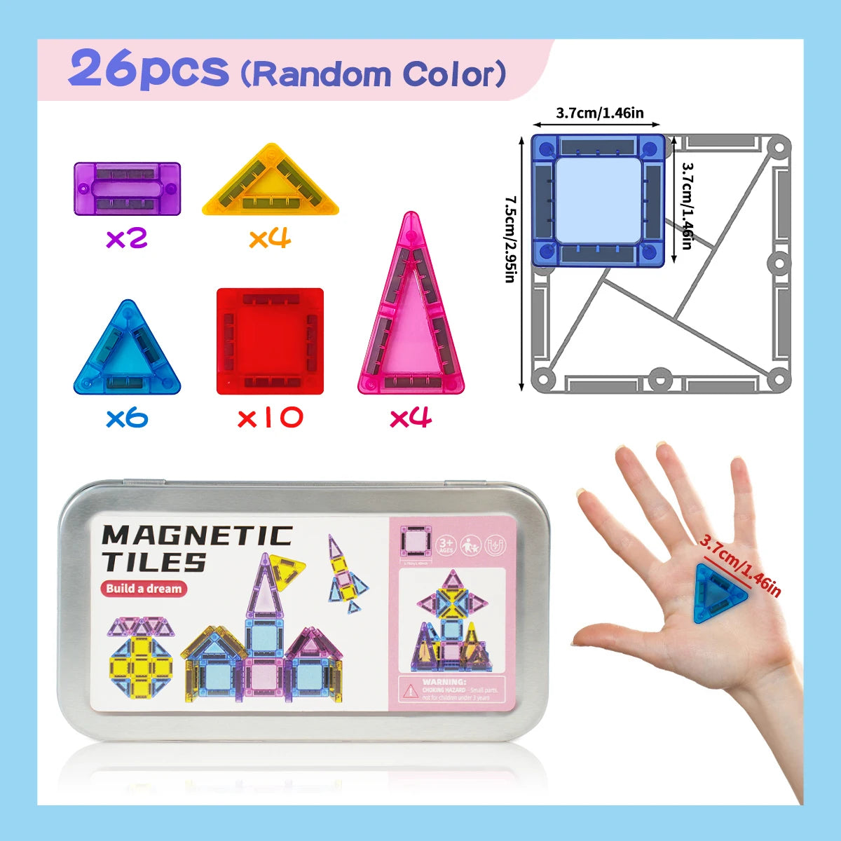 Mini Magnetic Tiles Travel Building Set with Metal Storage Box