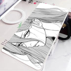 Black and White Anime Girl Table Mat Large Mouse Pad Office Keyboard Edge Locking Desk Mat Gaming Accessories Non-slip Mousepad