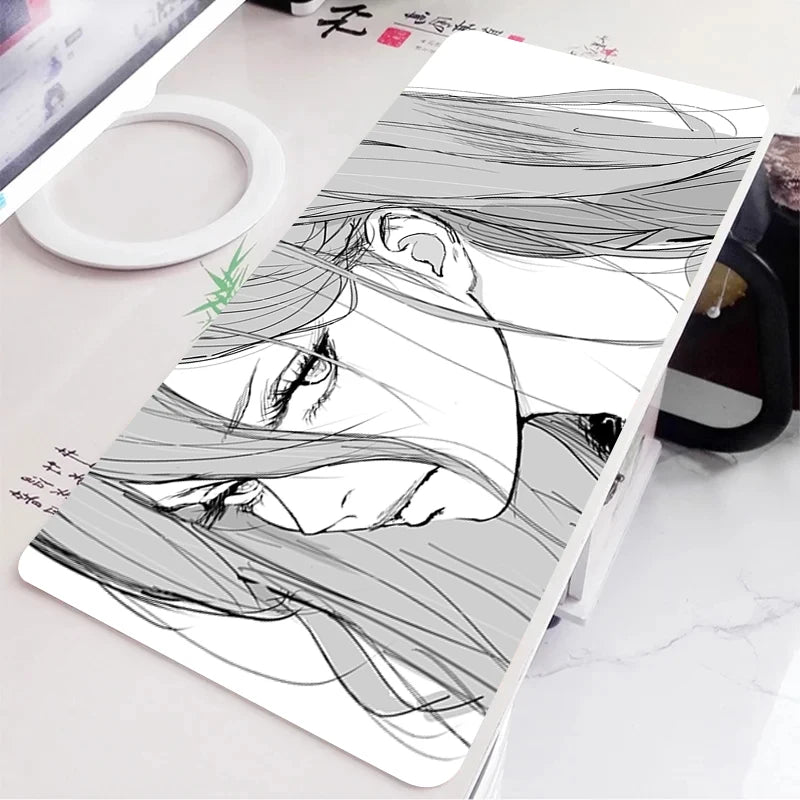 Black and White Anime Girl Table Mat Large Mouse Pad Office Keyboard Edge Locking Desk Mat Gaming Accessories Non-slip Mousepad