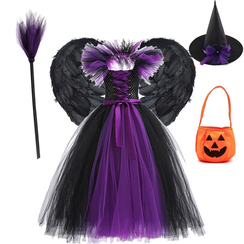 Children Cosplay Apparel for Halloween 2025 Maleficent Costume Tutu Dress Girl Evil Queen Disguise Witch Gown Villain Costume