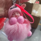 Sleeping Baby Pompom Plush Keychain Cute Fluffy Bag Charm