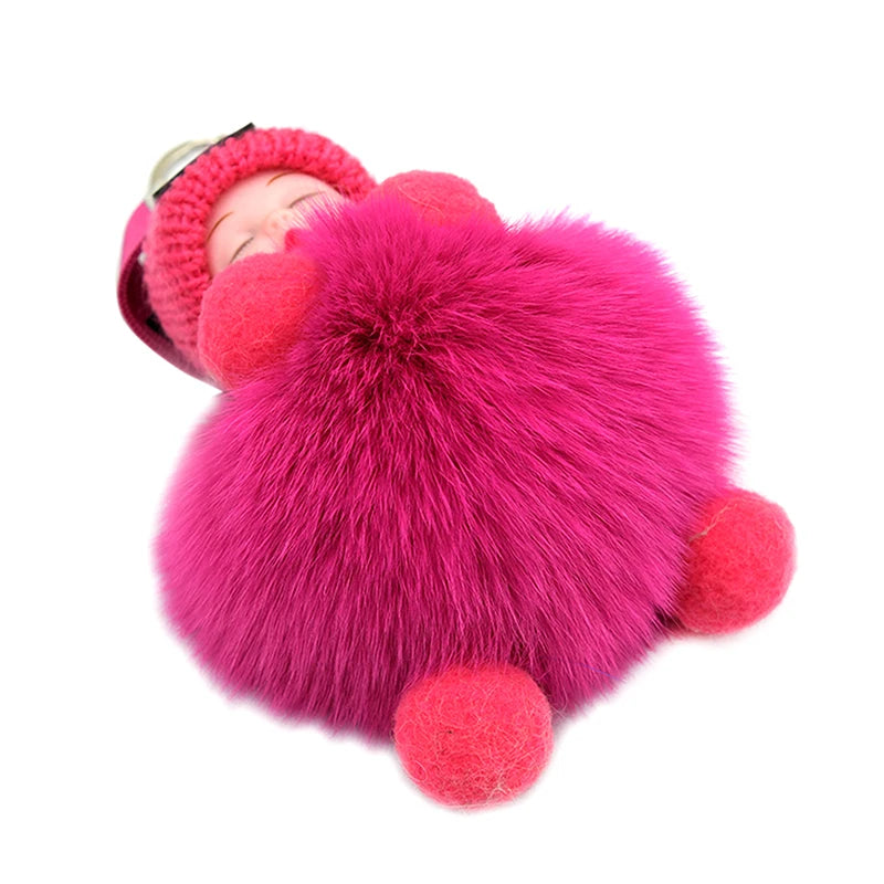 Sleeping Baby Pompom Plush Keychain Cute Fluffy Bag Charm