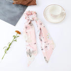 Floral Satin Bow Scrunchie with Long Ribbon Scarf