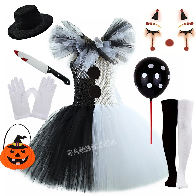 Girls Horror Clown Costume – Black & White Tutu Dress