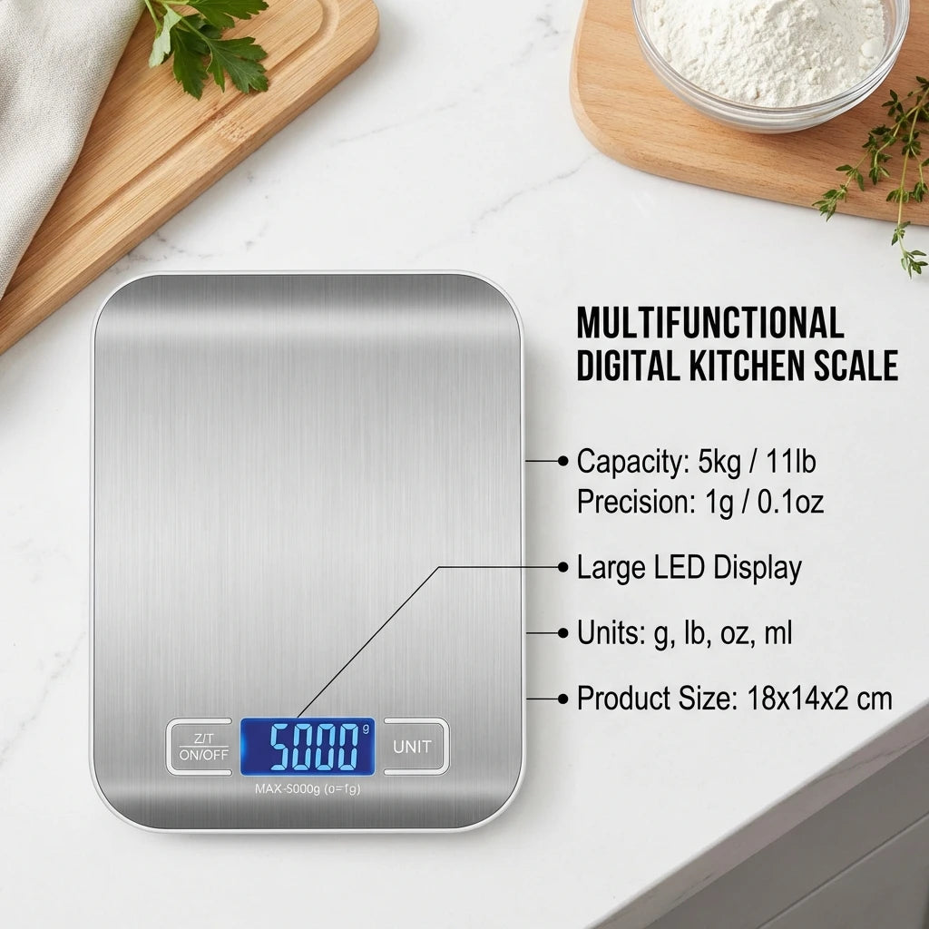 Digital Kitchen Scale – Stainless Steel Food Weighing Scale with LED Display