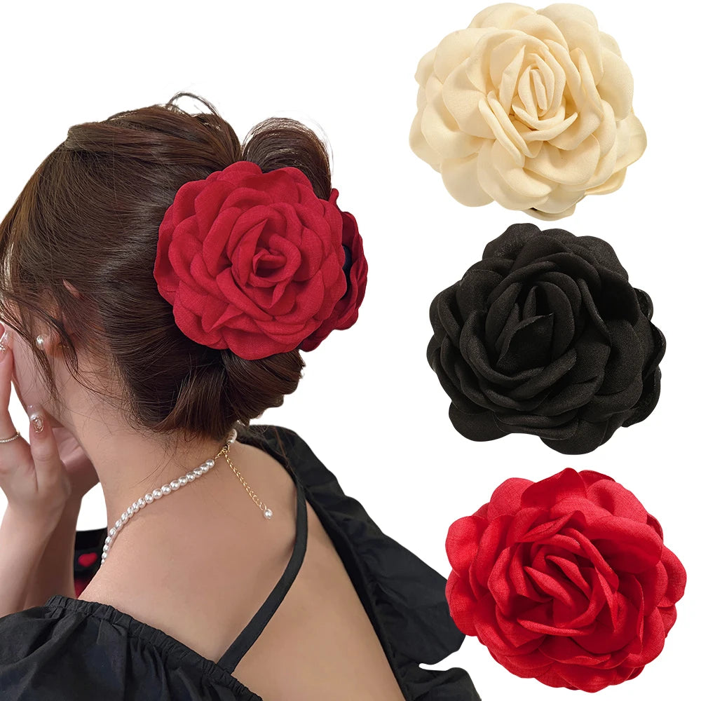 Cotton Rose Flower Hair Claw Clip – Medium Shark Clamp