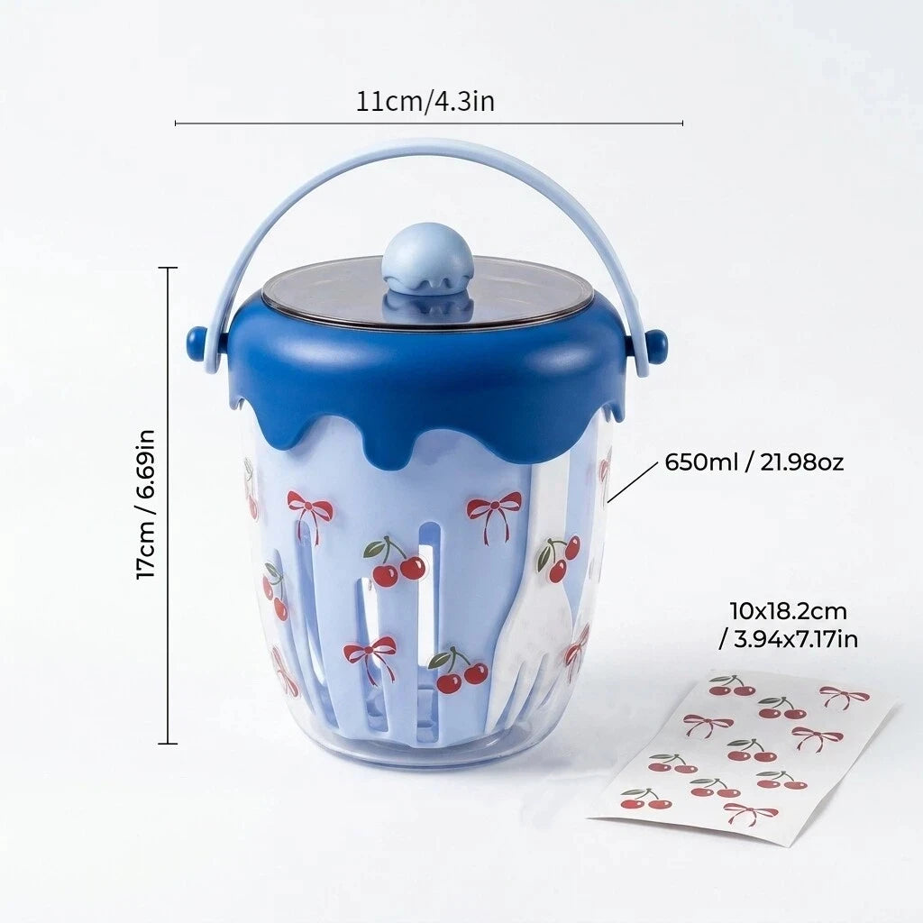 WORTHBUY Double Wall Salad Cup Portable Leak Proof Oat Container With Fork&Handle Drain Fruit Cup Cute Breakfast Cup For Student