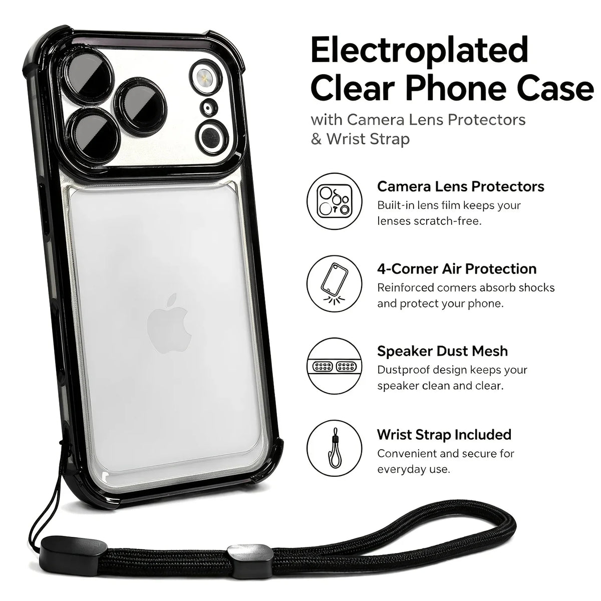 Luxury Transparent Shockproof Phone Case For iPhone 18 17 13 12 Pro Max 16 15 14 Plus Air with Wrist Strap Lens Protector Cover