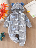 Cute and Warm Casual Fuzzy Dinosaur Printed Onesie for Baby Boys