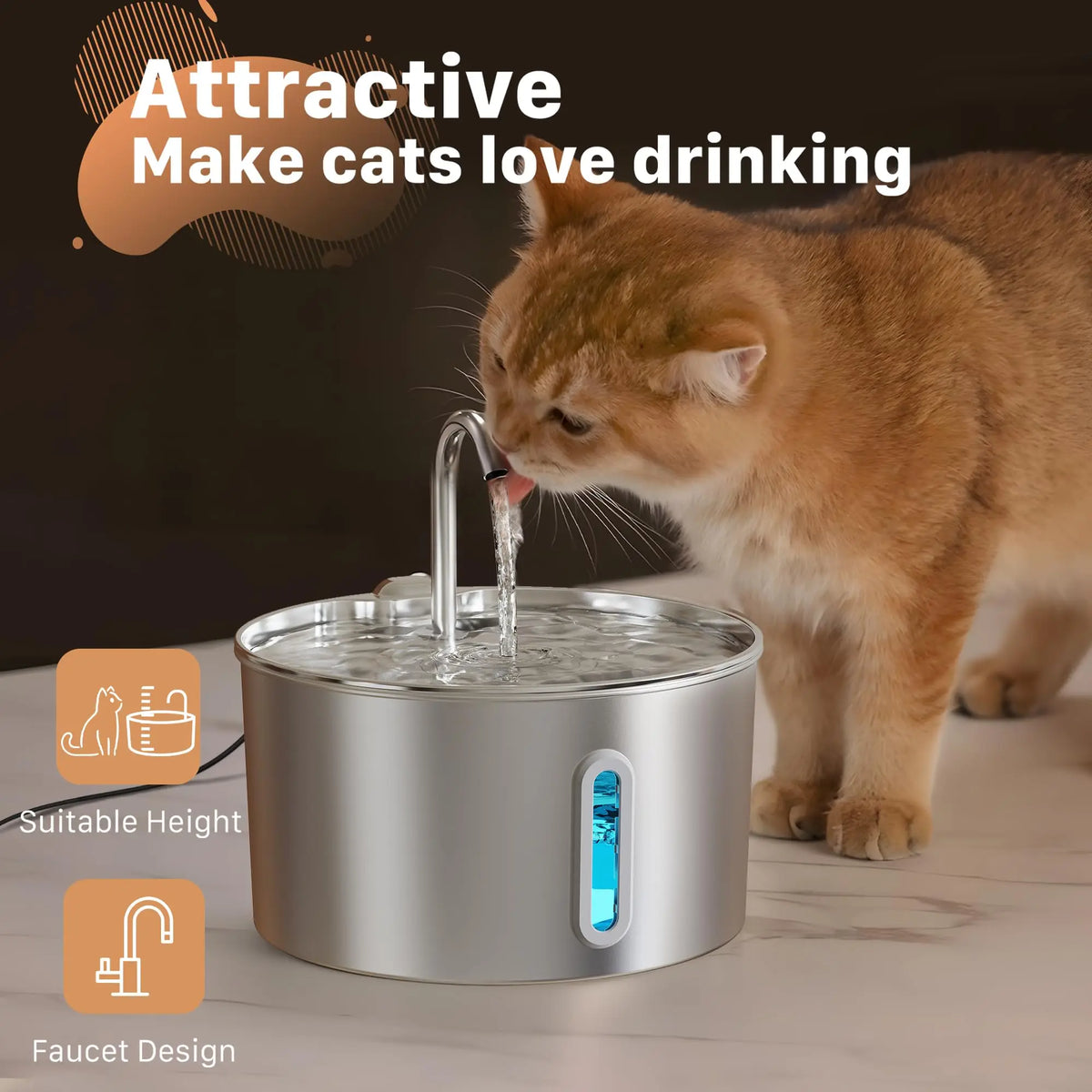 2.2L Automatic Cat Fountain Stainless Steel Pet Water Dispenser Silent Water Pump Circulation Filtering Visual Window