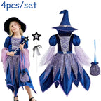 Halloween Party Costumes Witch Dress for Girls Kids Cosplay Carnival Witch Costume Pumpkin Dress Up With Bag Hat Wand Clothing