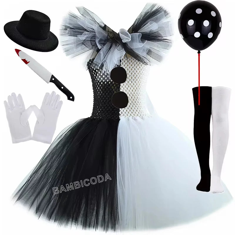 Girls Horror Clown Costume – Black & White Tutu Dress