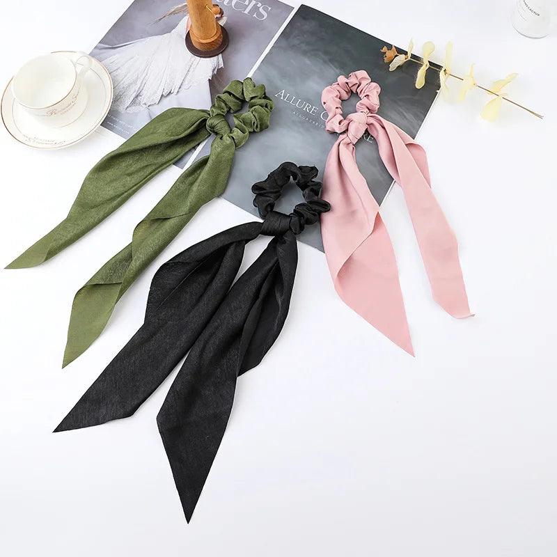 Floral Satin Bow Scrunchie with Long Ribbon Scarf