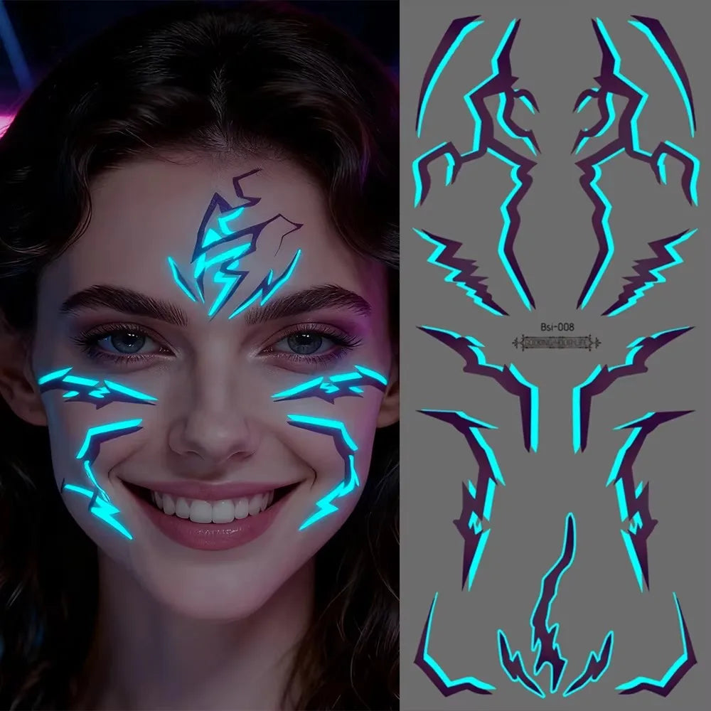2pcs Glow in The Dark Kpop Gothic Women Face Temporary Tattoos -Cool Blue Purple Lightning & Vein Body Art Waterproof Tattoos