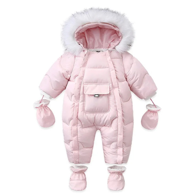 2024 New Winter Baby Rompers Thick Warm Infant Hooded Inside Fleece Jumpsuit Newborn Boy Girl Overalls Toddler Clothing Set
