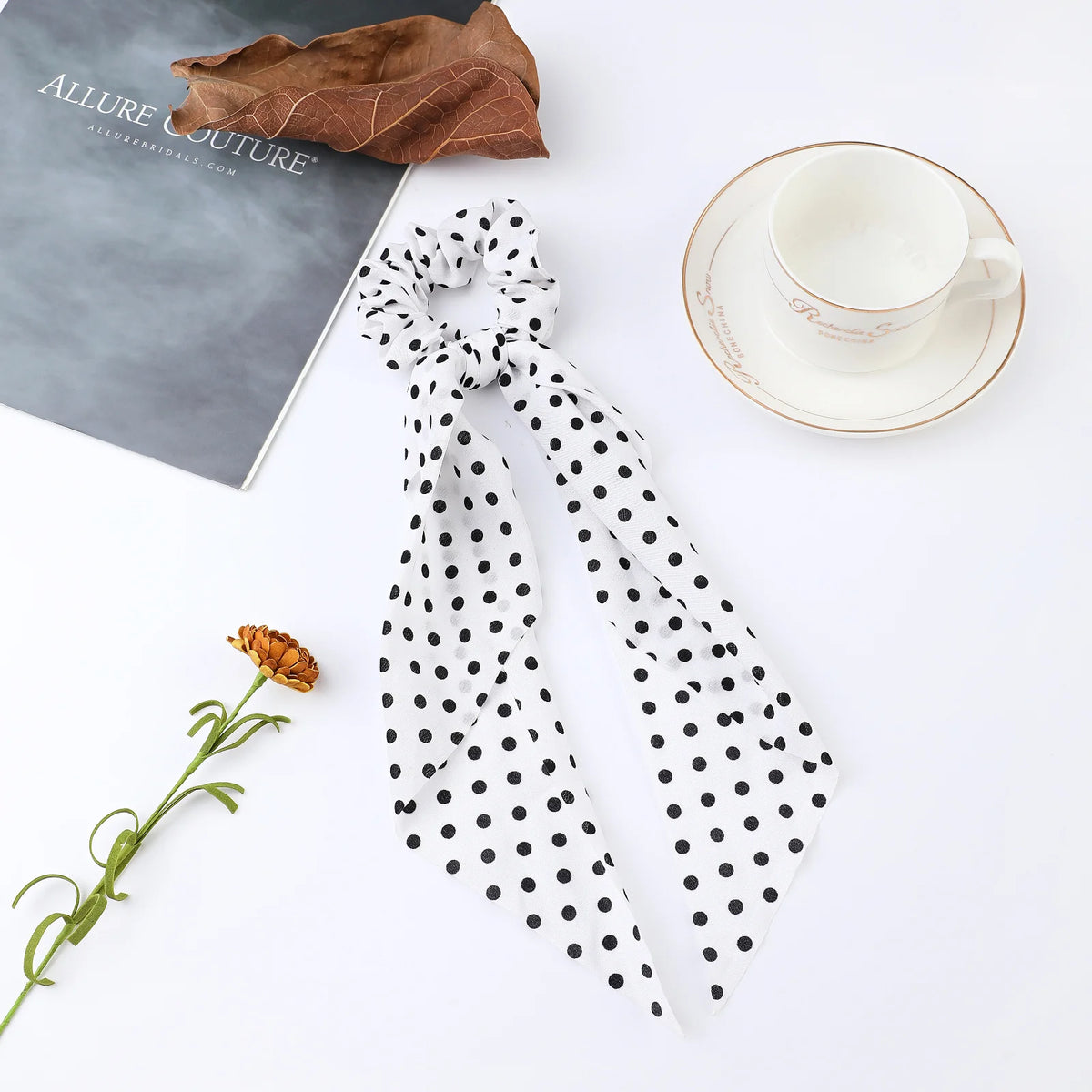Floral Satin Bow Scrunchie with Long Ribbon Scarf
