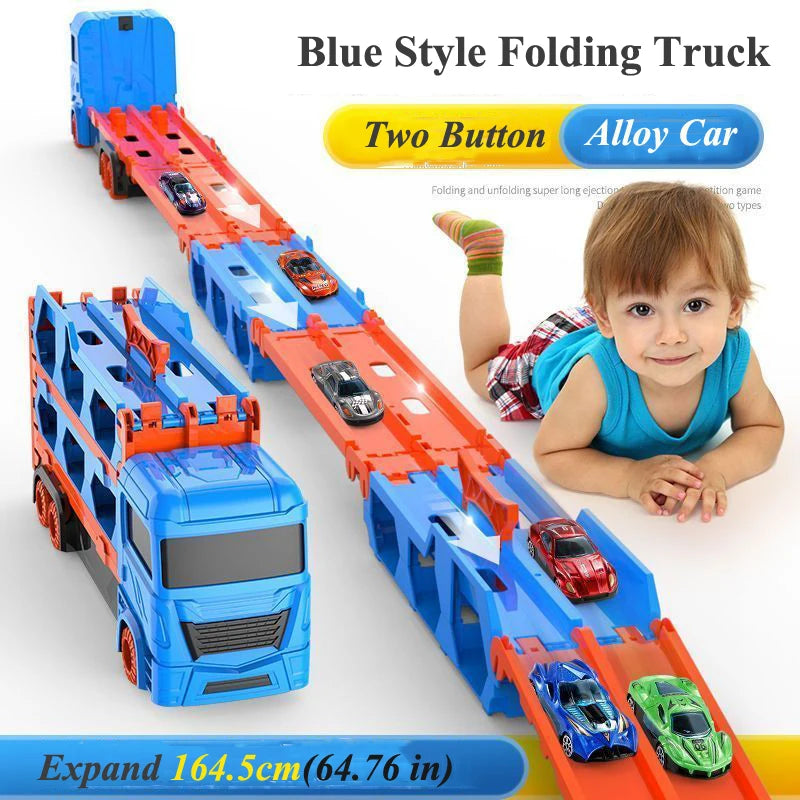 Large Car Transporter Truck with Folding Race Track & Alloy Cars