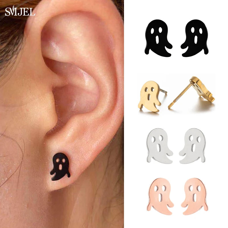 Punk Halloween Earring Black Stainless Steel Ghost Pirate Skull Stud Earrings Women Men Goth Pumpkin Spider Bat Ear Jewelry Gift