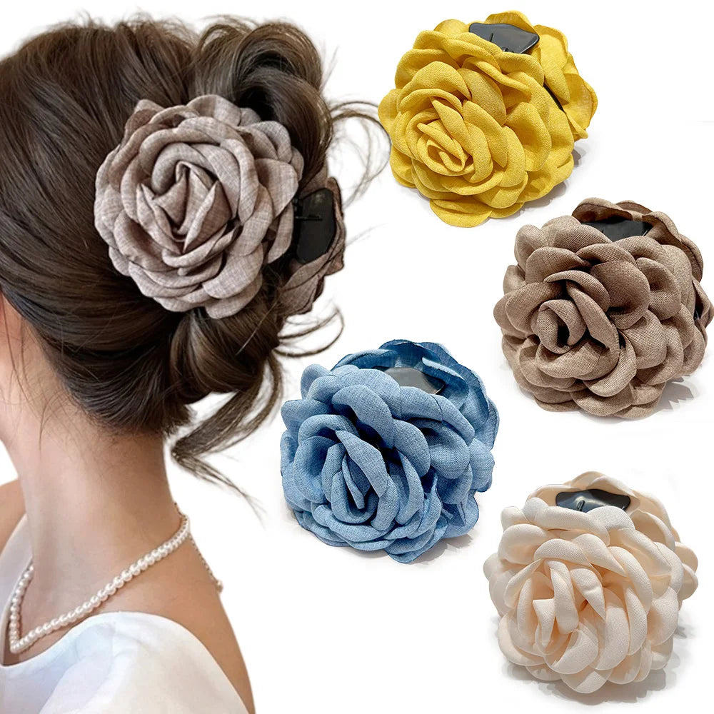 Cotton Rose Flower Hair Claw Clip – Medium Shark Clamp