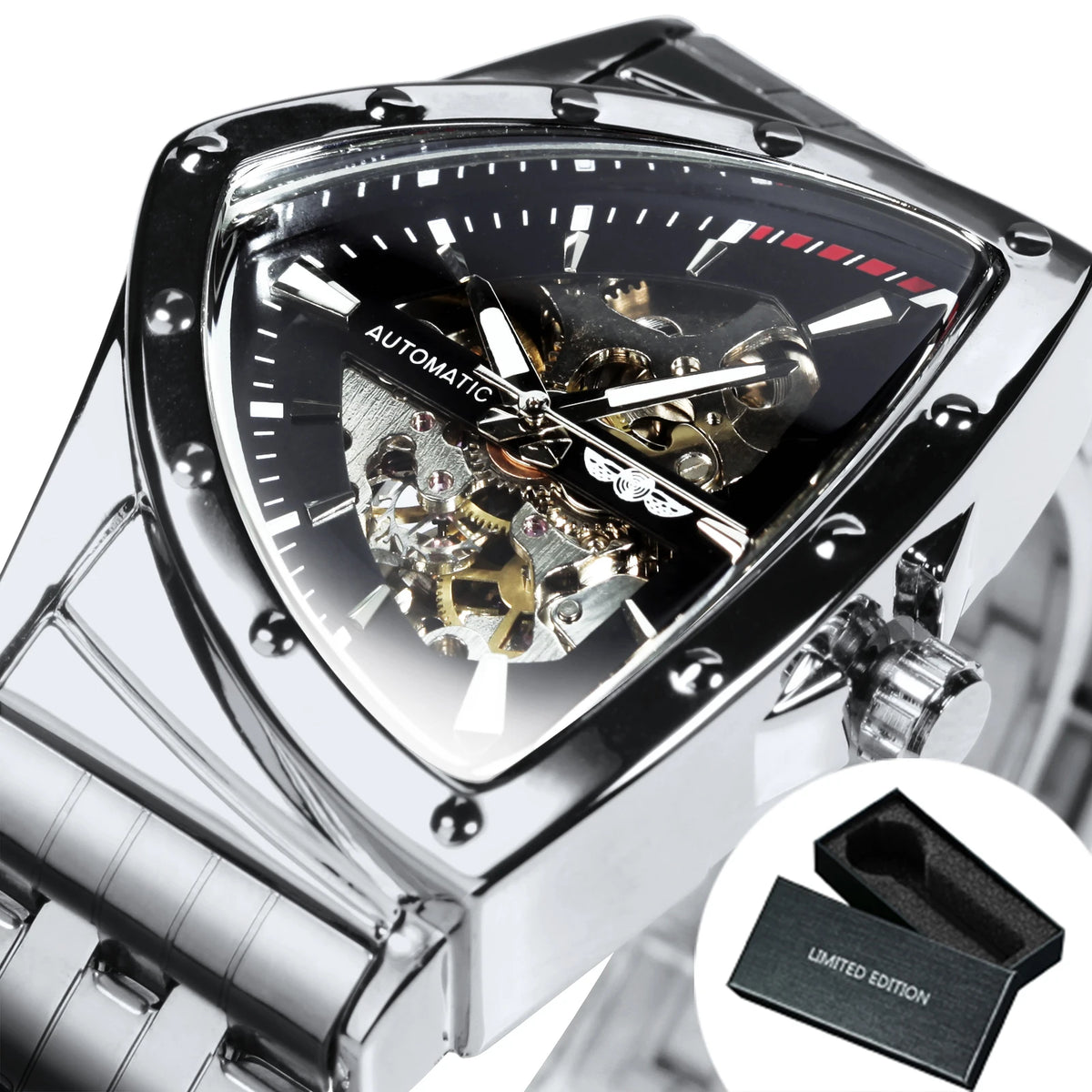 WINNER Sports Triangle Skeleton Automatic Men Watch Luminous Pointers Fashion Rubber Strap Luxury Military Mechanical Watches