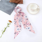 Floral Satin Bow Scrunchie with Long Ribbon Scarf