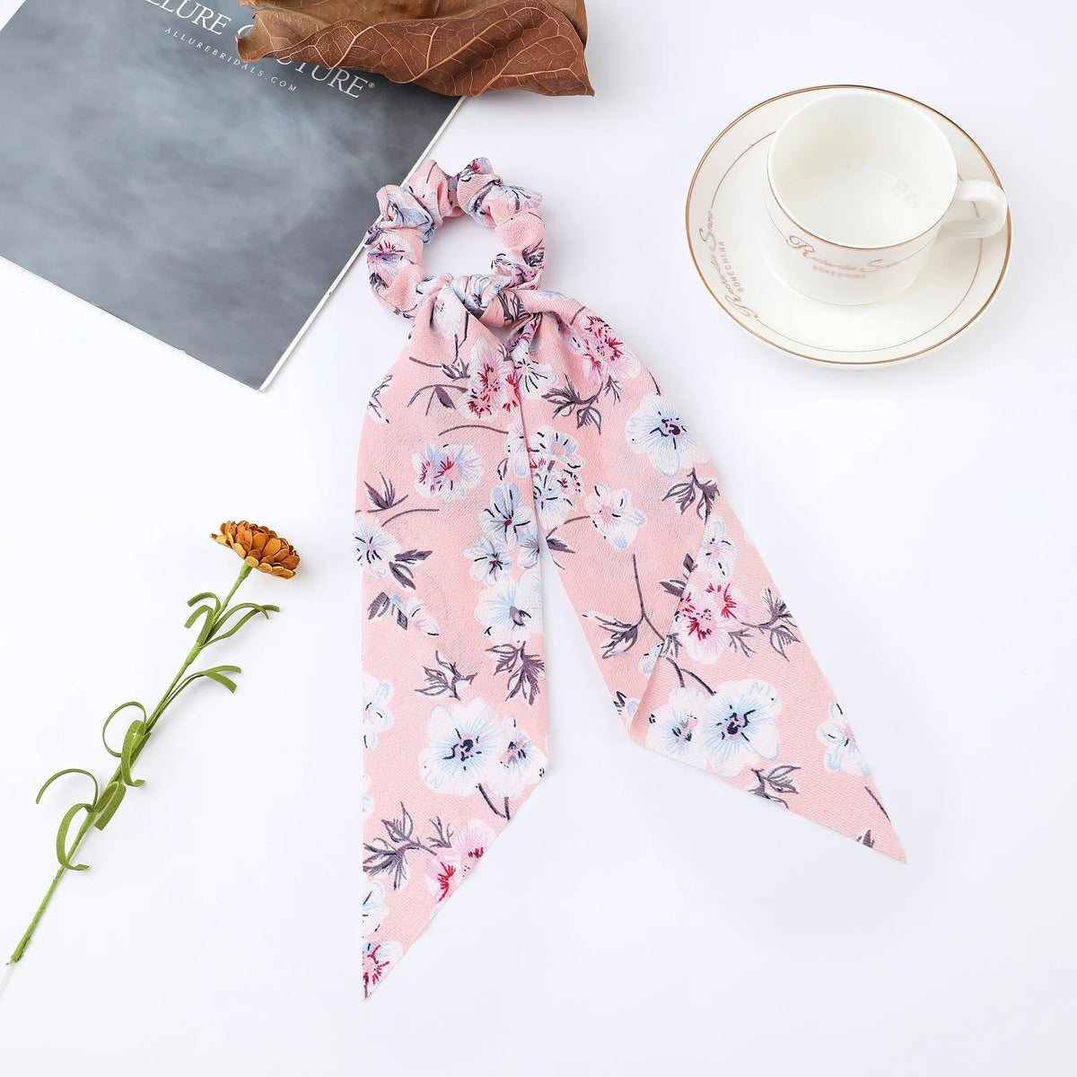 Floral Satin Bow Scrunchie with Long Ribbon Scarf