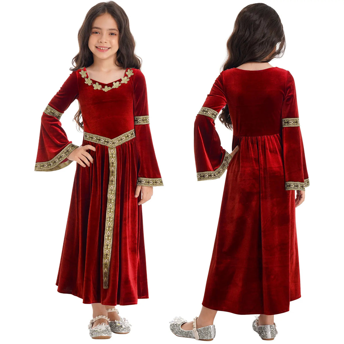 Girls Medieval Renaissance Princess Costume Velvet Long Flare Sleeve Vintage Dress Gown Carnival Party Cosplay Dress Up