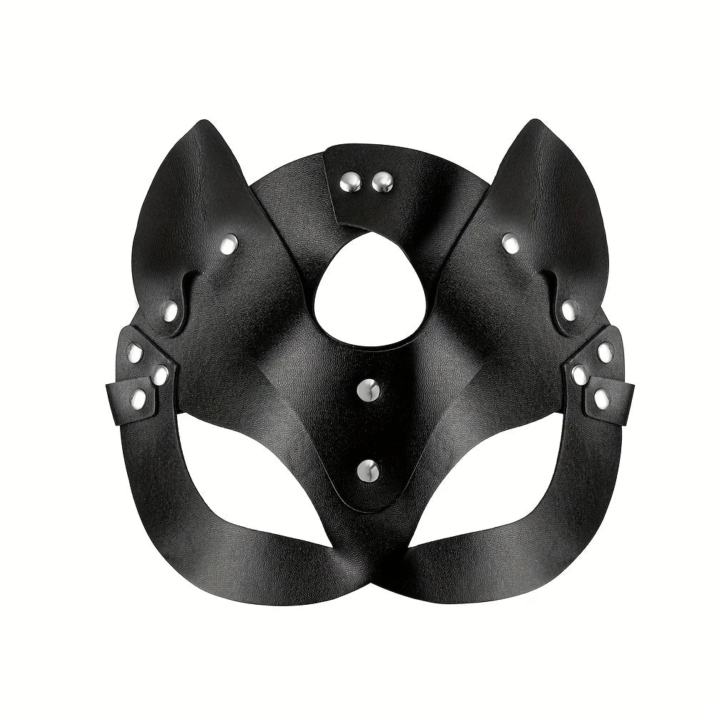 1Pc Black Synthetic Leather Cat Mask - Gothic Punk Cosplay & Party Accessory
