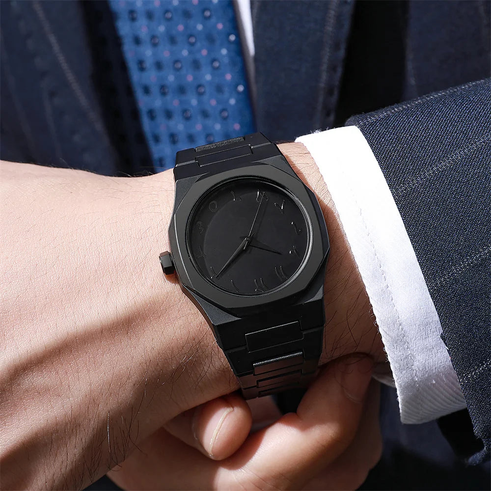 Men's Fashion Simple Black Large Dial Quartz Watch Casual Polycarbonate Butterfly Buckle Strap Male Waterproof Clock Wristwatch