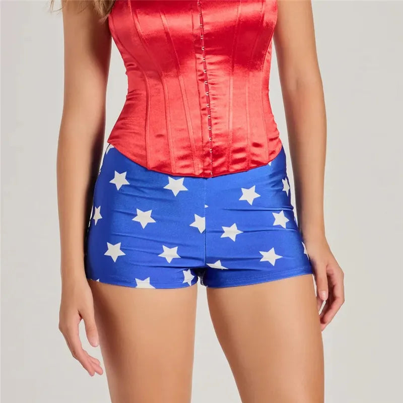 Women Blue White Star Print Shiny Stretch Boy Shorts High Waist Cosplay Costume Shorts Slim Fit Party Festival Clubwear Bottoms