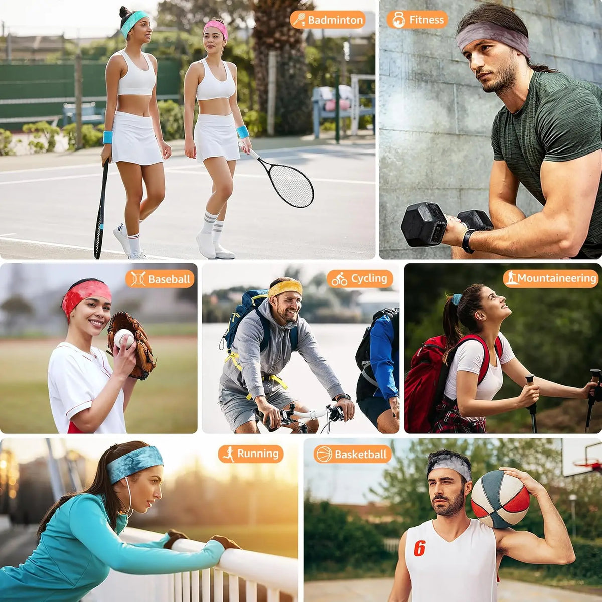 6-Pack Sports Sweatband Headbands – Solid Color & Leopard Print