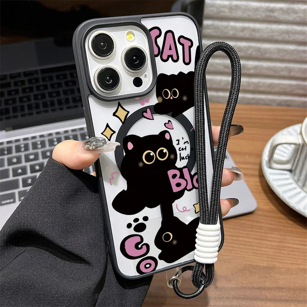 Luxury Lanyard Magnetic Phone Case For iPhone 13 17 16 18 Pro Max 11 15 14 12 17pro Shockproof Acrylic Matte Cat Painted Cover