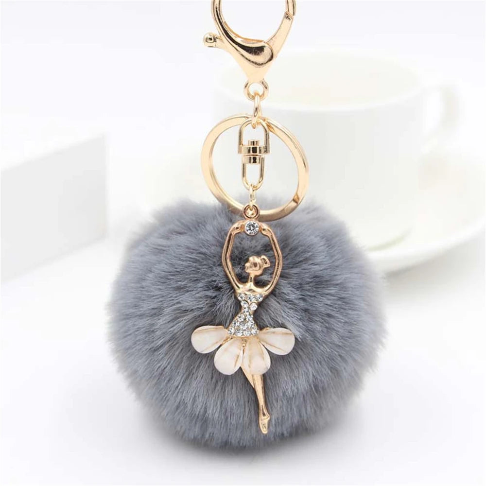 Rhinestone Ballet Dancer Plush Ball Keychain for Women and Girls