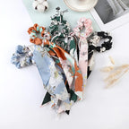 Floral Satin Bow Scrunchie with Long Ribbon Scarf