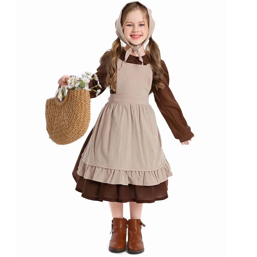 Pilgrim Costume Colonial Farm Village Girl Costumes Pioneer Prairie Dress 2-4Y 4-10Y 10-16Y Tween Teens