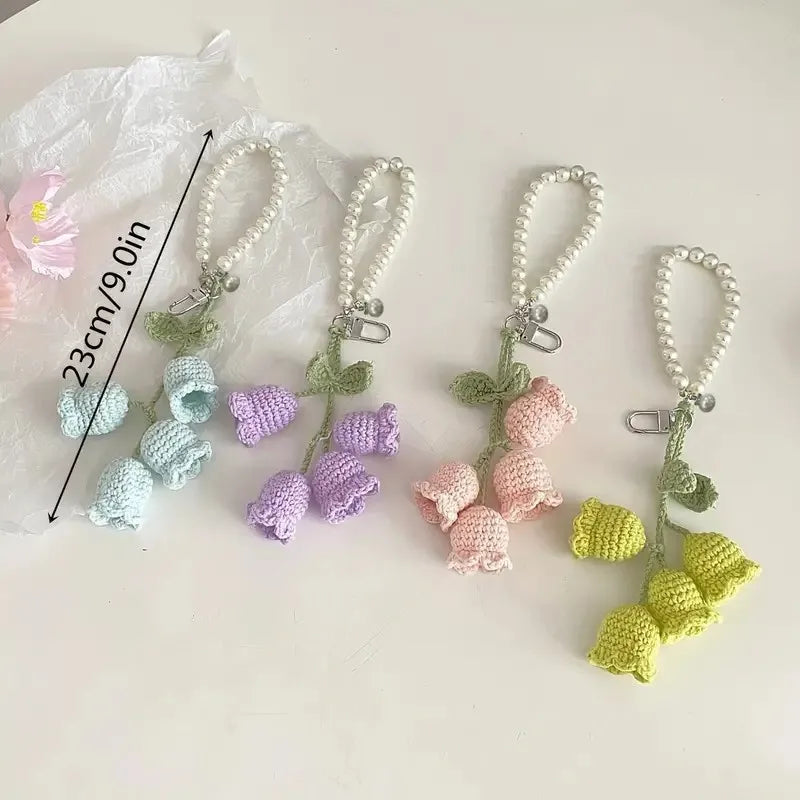 Elegant Floral Crochet Pearl Keychain Bluebell Bag Charm