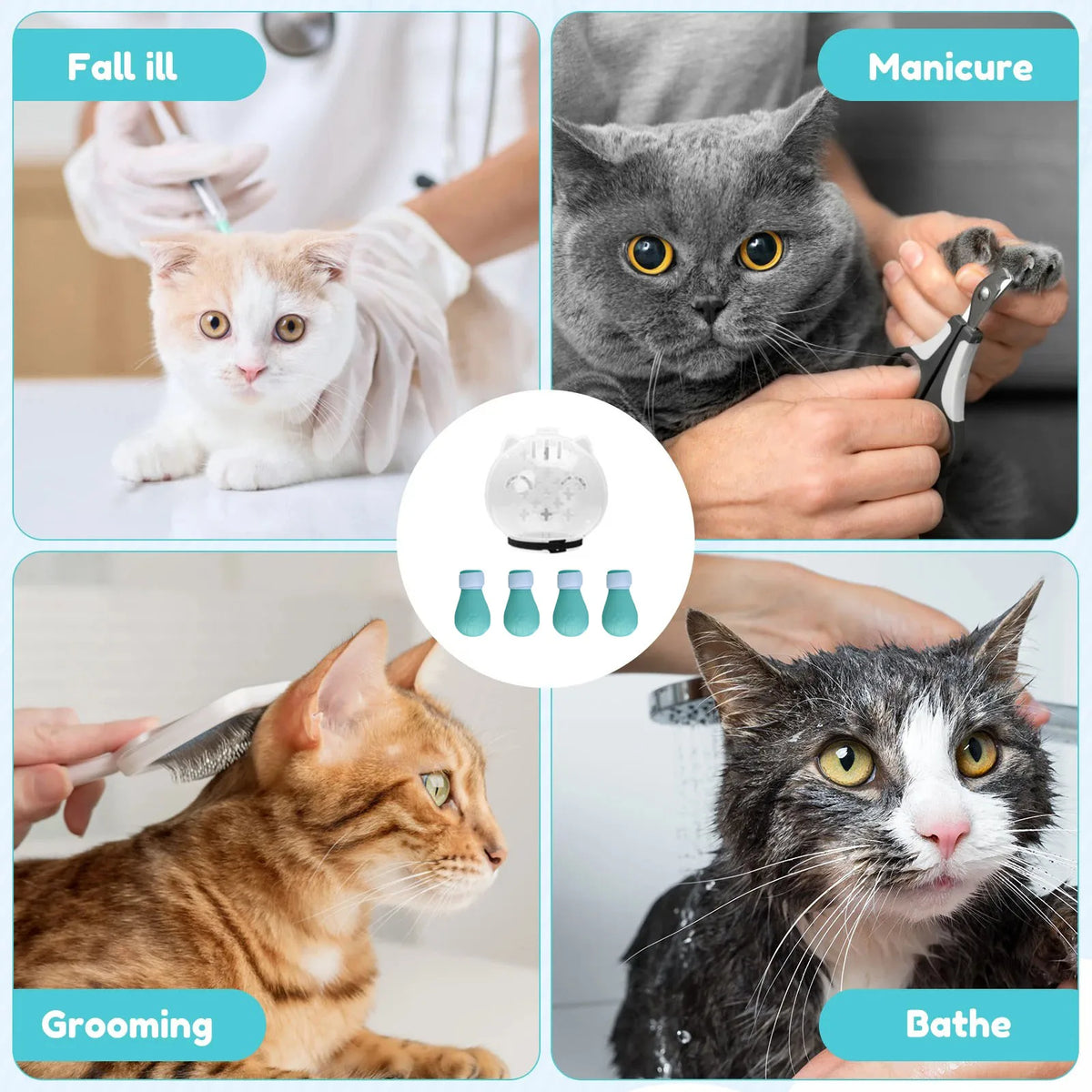 1Set Cat Muzzle Pet Grooming Cover Accessory Cat Anti Bite Anti Licking Space Hood Breathable Helmet with 4 Silicone Paw Shoes