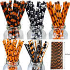 25/50/100pcs Halloween Theme Disposable Paper Straws Spider Skull Pumpkin Bat Pattern Happy Halloween Party Decor Supplies