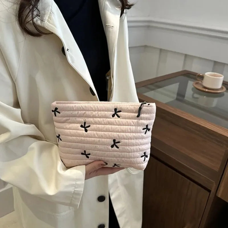 Cute Embroidered Bow Large Capacity Makeup Bag