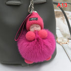 Sleeping Baby Pompom Plush Keychain Cute Fluffy Bag Charm